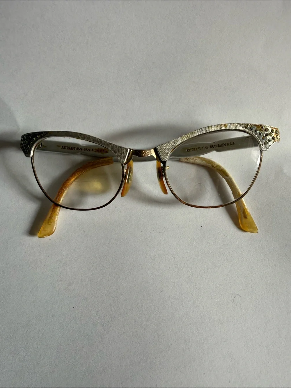 Vintage 1950s ARTCRAFT Cat Eye Eyeglasses Rhinestone Aluminum USA 4¼-5½